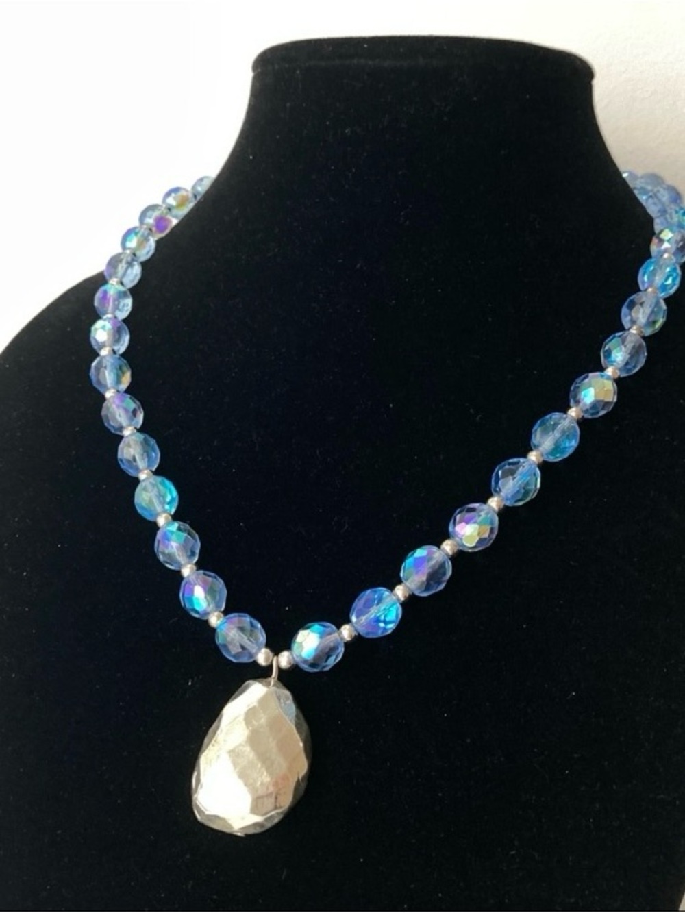 Blue Aurora Glass Bead Necklace with Silver Teardrop Pendant & 925 Closure